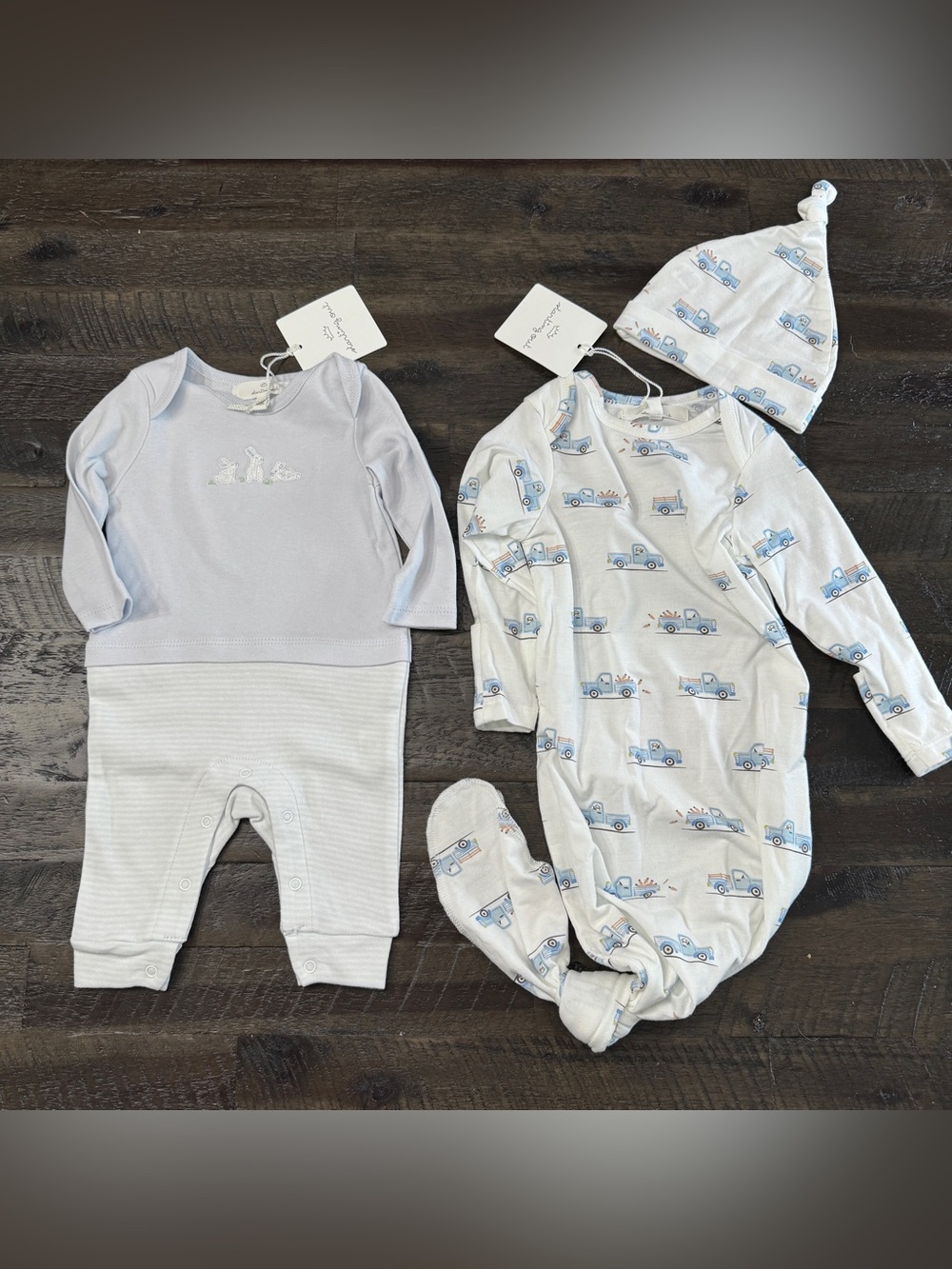 NWT Starting Out Baby Boy Bundle | 3M Bunny Romper & 0-6M Truck Gown and Hat Set